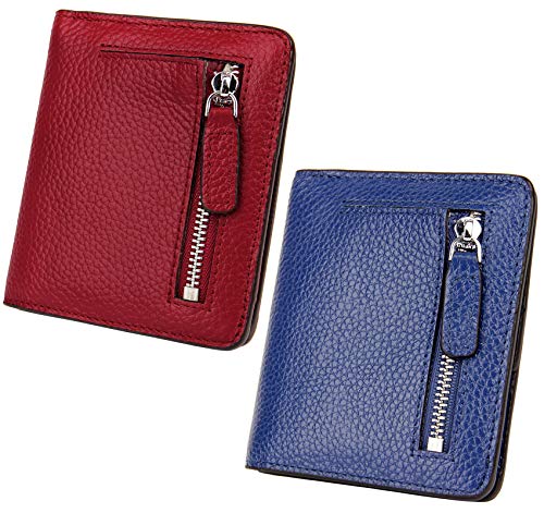 AINIMOER Women Leather Wallet RFID Blocking Small Mini Bifold Zipper Pocket Card Case Wine and Blue