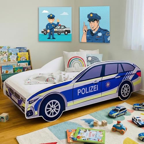 Kids Collective Autobett Kinderbett Jugendbett 80x160 mit Rausfallschutz & Matratze | Polizei Polizeiauto Polizist Kinder Spielbett