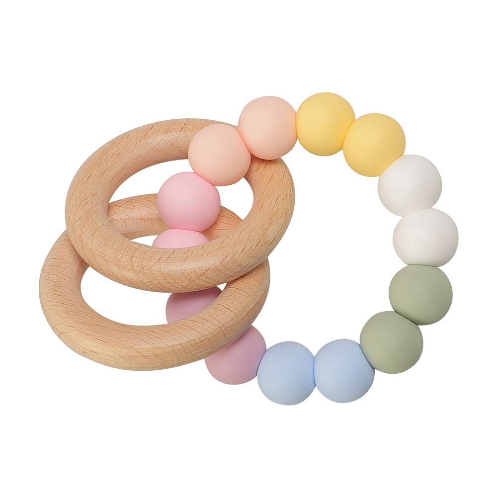 Wooden Baby Teething Toy-Teether Nursing Bracelet Silicone Teething Beads-Food Grade Silicone Molar Toys-Organic Kids Molar Bracelet Made of Natural Wood (Rainbow)