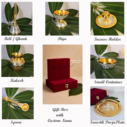 Image of Gold & Silver Plated Pooja Thali Set with Custom Name Box | 7-Piece Premium Religious Gift | Ideal for Corporate & Employee Gifting, Diwali, Housewarming & Every Festive Occasions (10 inch)