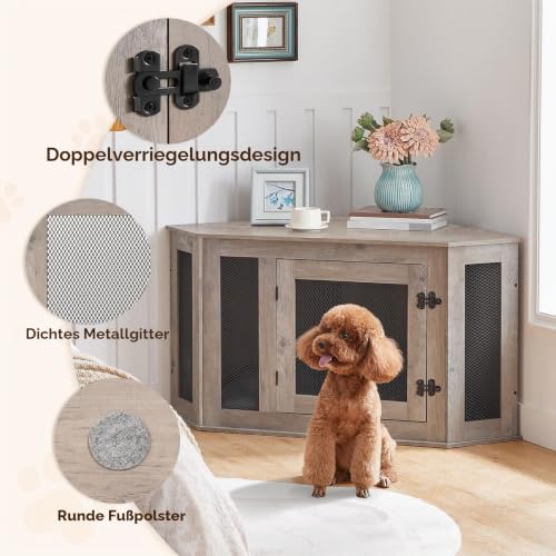 MAHANCRIS Eck Hundekäfig Möbel, Hundebox für Zuhause, im Innenbereich, 113 x 60 x 60 cm, Haustierkäfig für Kleine und Mittelgroße Hunde, Multifunktional, Vintage-Stil, Verwittertes Grau ADCHG0801