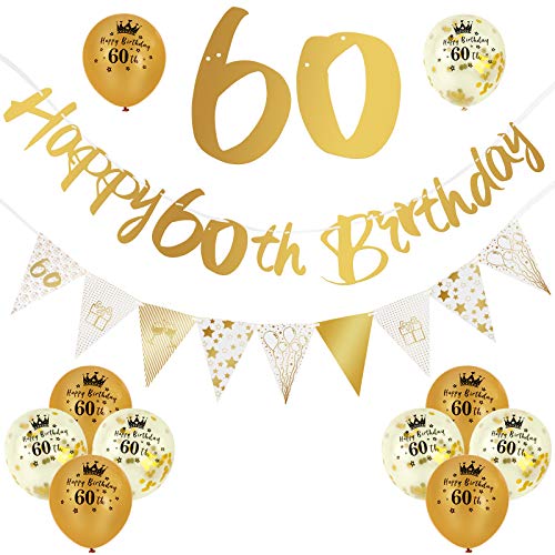 ADXCO 12 Teiliges Dekorationsset Zum 60. Geburtstag Geburtstagsdeko Golden Banner Happy 60th Birthday Girlande Konfetti und Latex Luftballons für Geburtstags Party Zubehör Cover