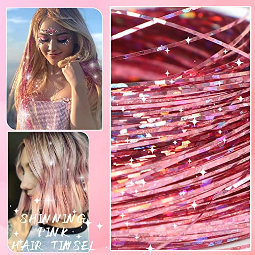 Pink Hair Tinsel Kit With Tools 47 Inch 1100 Strands Tinsel Hair Extensions Fairy Hair Tinsel Kit Heat Resistant, Sparkling Shinny Glitter Tensile Hair Extensions For Women Girls Hair Accessories (Pink) #TOP1