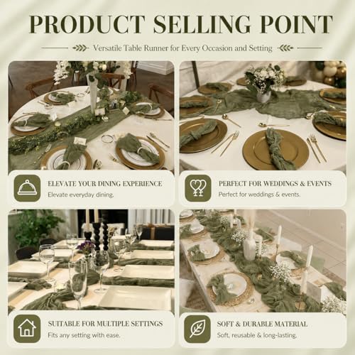 12 Pack Olive Green Cheesecloth Table Runner 17x108 Inch Boho Rustic Semi Sheer Gauze Cheese Cloth Table Runner for Wedding Bridal Shower Baby Shower Party Farmhouse Dining Table Decor by GRYSERIN - Used condition - Image 7