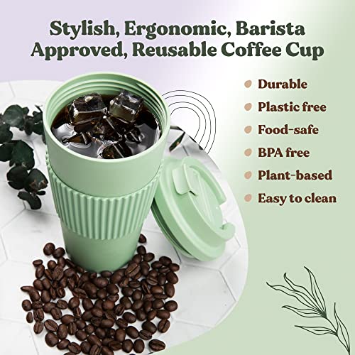 Febu Plant-Based Reusable Coffee Cup With Lid And Sleeve | 16Oz, Sage Green | Portable Travel Mug Made From Bamboo | Dishwasher Safe, Zero Waste, Plastic Free With Leak-Proof Screw-On Lid #TOP1