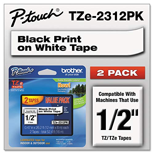 Brother P-Touch TZE2312PK Tze Standard Adhesive 0.47 in. x 26.2 ft. Laminated Labeling Tapes - Black On White (2/Pack)