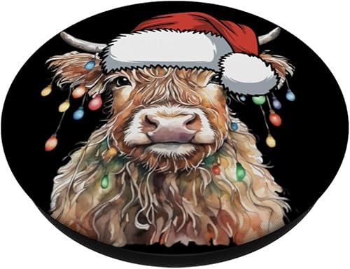 Miniatura 2 de Divertidas luces navideñas de vaca escocesa de las tierras altas de Navidad, cabeza de Papá Noel, PopSockets estándar PopGrip