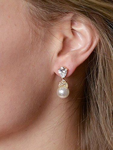 Mariell Gold Pearl Drop Bridal Earrings With Cz Crystals For Brides, Weddings, Mother's Day Jewelry Gift #TOP2