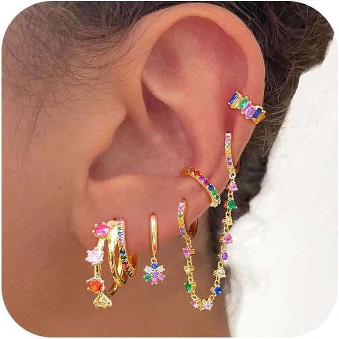 Lovely Colorful Stud Earrings Set for Women Hypoallergenic Silver Gold Multicolor Zircon Chain Hoop Earrings 14K Gold Plated Cubic Zirconia Dainty Lightweight Cuffs Earrings for Women Flowers Dangle Earrings Set for Women Fashion Jewelry Earrings for Gifts