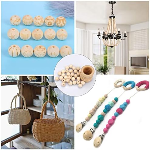 6 Pieces Natural Craft Wooden Rings and 30 Pieces Wooden Beads with Hole for Macrame Craft Kit, Dream Catchers Knitting, Jewelry Making DIY Project Unfinished Solid Wood Bead Round Circle Loop Set