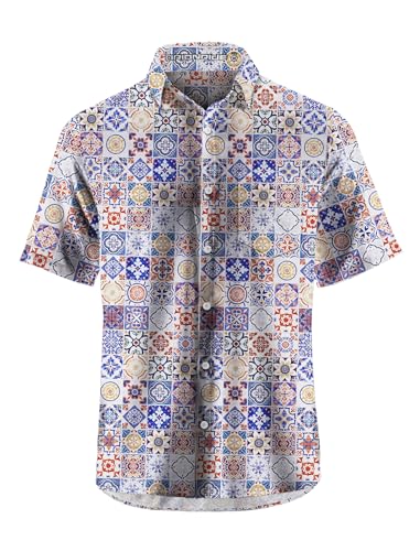 ORIONRIDE Cycling Shirts-Original Tiles Design,Zipper Pockets,Short Sleeves,Button Down,Lightweight Shirts for Mountain Biking