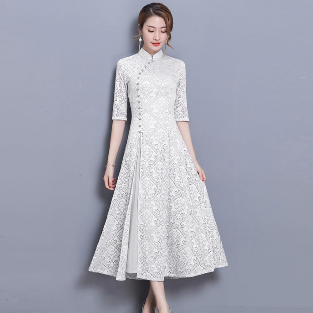 Summer Autumn Modern Cheongsam Women Lace Qipao Chinese Dress Long Qi Pao Party Vintage Elegant Dress