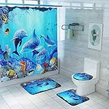 4Pcs Sea Blue Shower Curtain Sets with 12 Hooks,Bathroom Curtains Shower Set Toilet Mat Lid...