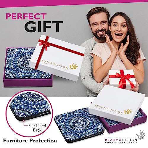 Image of Wooden Coaster Set with Gift Box | Blue Mandala 2 Design | Set of 4 Tabletop Square Coasters 3.75 inch x 3.75 inch | Kitchen Table Wooden Decorative Items | for Cups, Mugs, Cans, Glasses