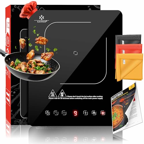 KESSER® Inductie Kookplaat Vrijstaand Elektrische Kookplaat 2100W 240V met 1x Kookzone 28cm, 3x microvezeldoek, 1x receptenboek, 9 warmtestanden, 8-uurs timer, touch-bediening en boosterfunctie Zwart