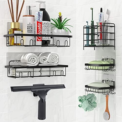 Kadrama Shower Caddy 6 Pack, Adhesive Shower Organizer for Bathroom Storage, No Drilling Shower Shelves with Rustproof Stainless Steel Squeegee, Bathroom Shower Shelf for Inside Shower, Black