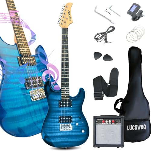 39' Full Size ST Style Electric Guitar Starter Kit with HH Pickup, 20W Portable Amp, Tuner, Gig Bag, Strap & Accessories(Blue Flame)