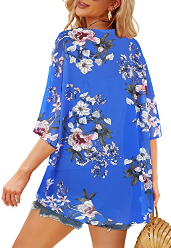 Womens Fall Cardigans Casual Loose Open Front Kimono Tops Chiffon Jacket Shirts(Rayol Blue Floral, L) #TOP4