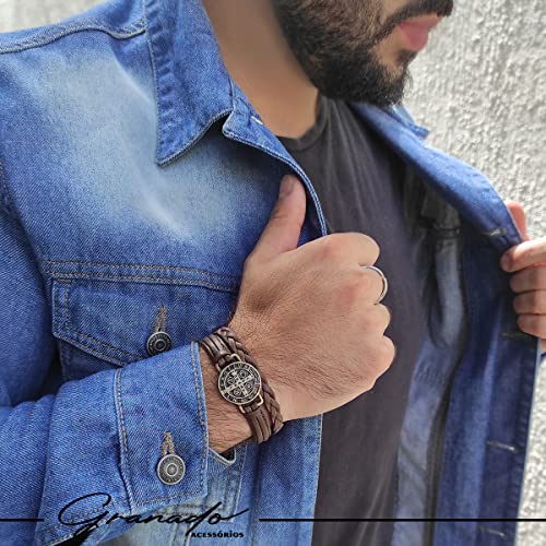 Pulseira Couro Masc Country Ajustável São Bento Proteção Marrom