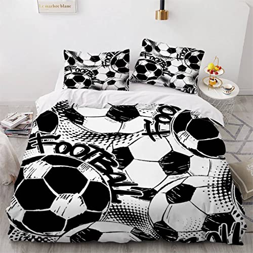 Housse de couette 220X240 Foot Noir Et Blanc 3D Imprimé Parure de lit 2 Personnes Football De Griffonnage 3 Pièces Confortable Doux Microfibre avec Fermeture Éclair Literie et 2 Taie d'oreiller