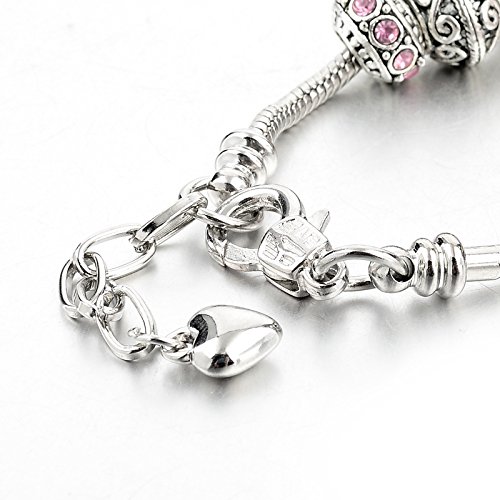 Long Way Silver Tone Chain Pink Crystal Love Heart Bead Glass Charm Bracelet With Extender 7.5"+1.5" … (201) #TOP4