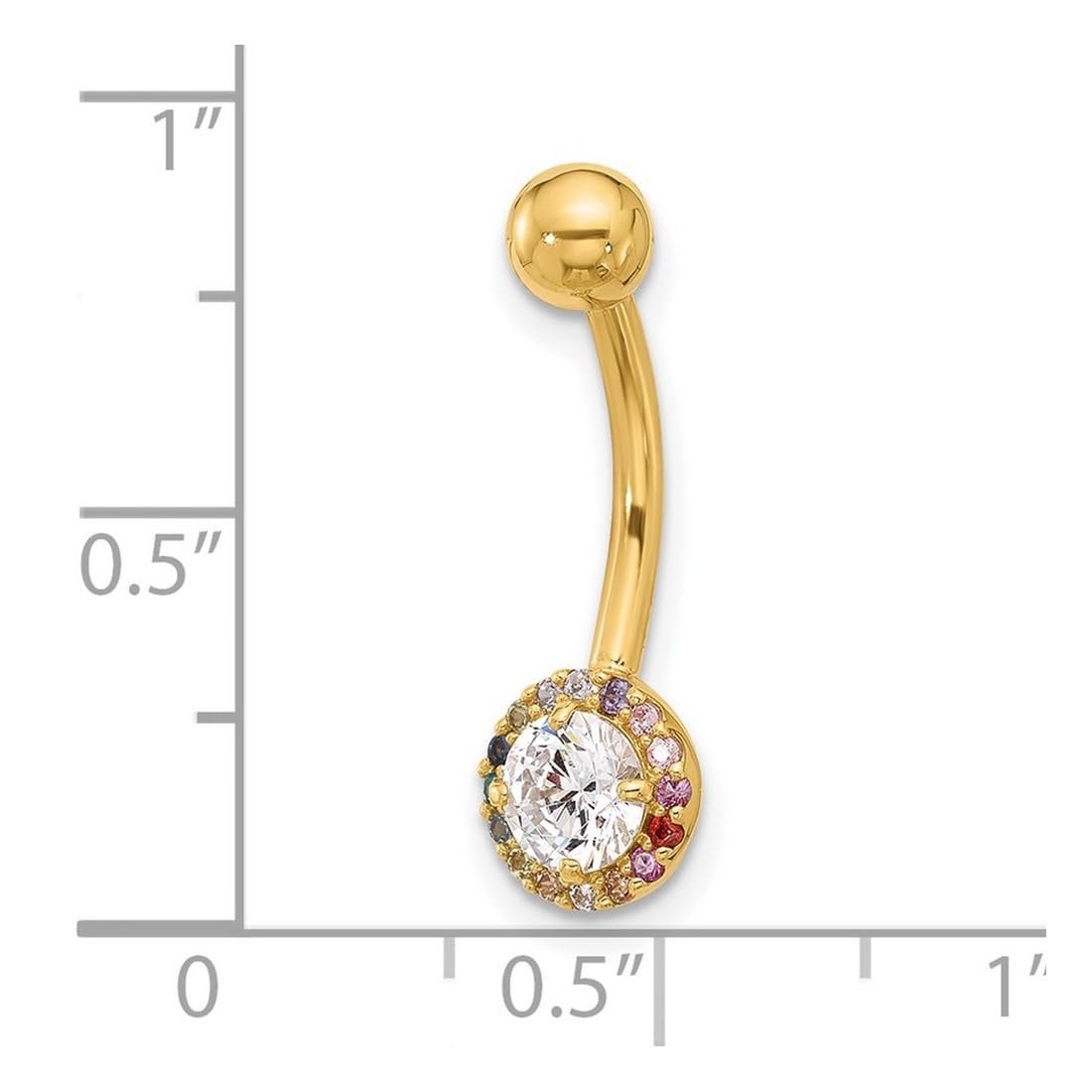 Bauchnabelring aus 14 Karat Gold, 14 Gauge, poliert, Zirkonia, künstlicher Diamant, 24 mm lang, Schmuckgeschenk für Frauen, Metall, Zirkonia