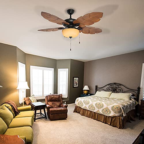 Hykolity 52 Inch Indoor Tropical Ceiling Fan W/ Light Kit, Five Abs Palm Leaf Blades, Etl Listed Ceiling Fans For Living Room Kitchen Bedroom Basement, Reversible Motor, Pull Chain, Bronze #TOP2