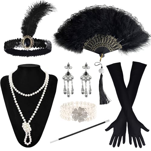 Bryndo 7 Pcs 1920s Flapper Accessories Set for Women, Roaring 20's Great Gatsby Accessories with Sequin Headband Gloves Necklace Earrings Lace Fan Bracelet for Women Ladies Party