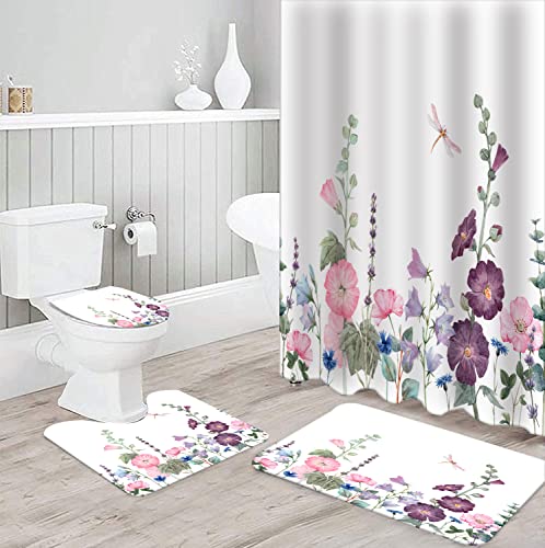 Rlhhug Shower Curtain Set Watercolor Floral, Bath Curtain 72''X72'' With Bath Mat And Toilet Contour Rug And Lid Cover #TOP4