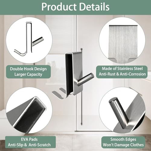 YoHyien 2 Stück Handtuchhalter Dusche Glaswand, Doppelseitige Duschhaken für Glaswand mit EVA Pad, Edelstahl Haken Duschwand für Duschkabine, Badezimmer 5–10 mm Dicke Rahmenlose Glastür (Silber)
