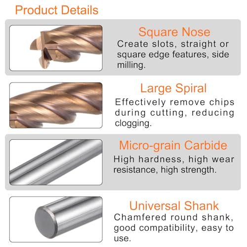 QUARKZMAN 5 Stück Karbid Vierkantfräser 6mm (15/64) Durchmesser 6mm (15/64) Schaft 100mm (4) Extra Lang HRC55 Mikrokorn Wolframkarbid 4 Schneiden Frässtift Fräser