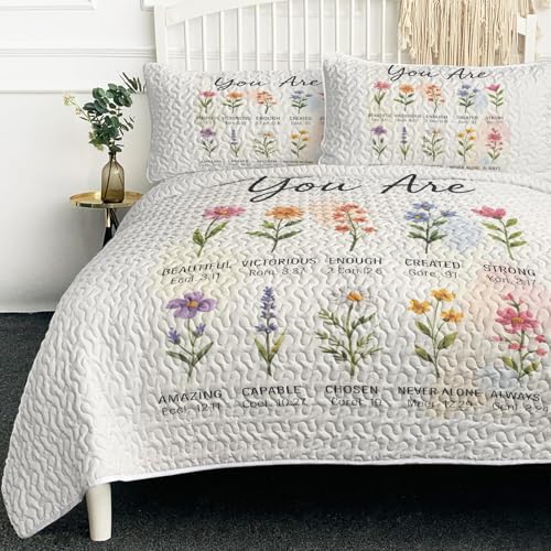 BlessLiving Christian Quilt Set Twin 70"x 90": 3 Piece Bedspread Lightweight Microfiber Farmhouse Colorful Flowers Pattern Coverlet Bed Cover for All Seasons for Kids Girls Women