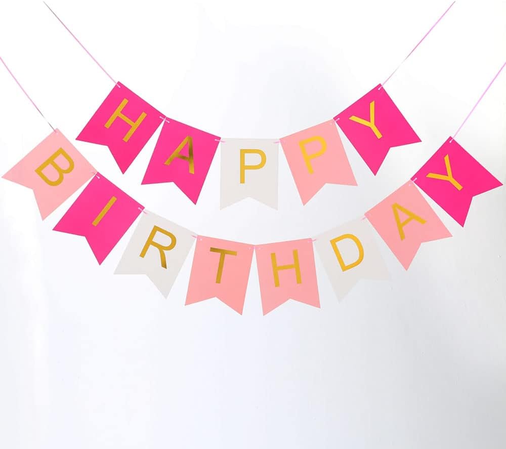 Borogo Pink Golden Sparkle Happy Birthday Banner Signs Birthday Party Supplies for Birthday Party Decorations Baby Nursery Hanging Decor