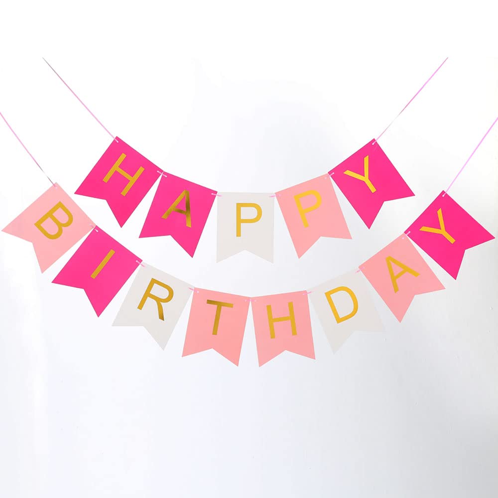 Borogo Pink Golden Sparkle Happy Birthday Banner Signs Birthday Party Supplies for Birthday Party Decorations Baby Nursery Hanging Decor