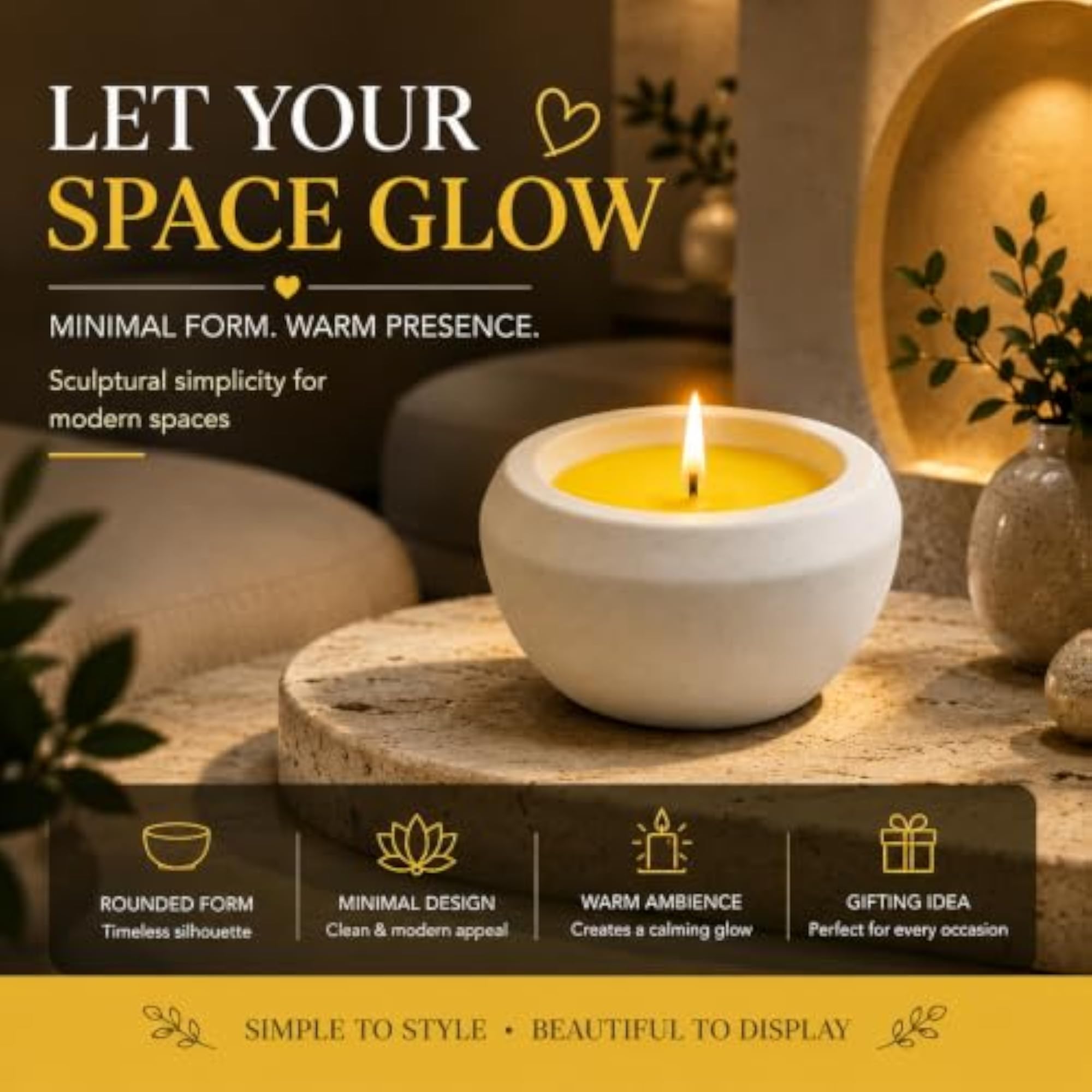 Minimal Round Decorative Candle with Yellow Wax, Bowl Shaped Design