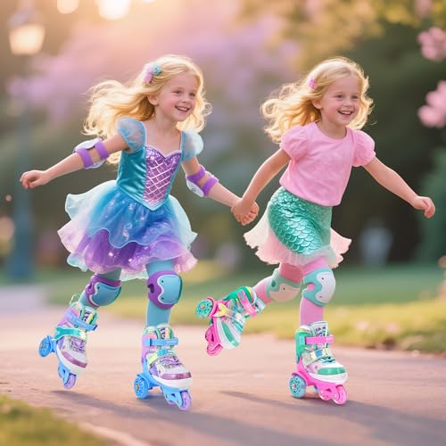 Image of NEMONE Mermaid 4 Size Adjustable Light up Roller Skates for Girls, Green Rose Skates for Toddlers, Beginner Kids Roller Skates Indoor Outdoor (Green XS New)