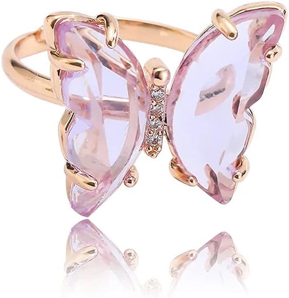 Gold Plated Purple Crystal Butterfly Ring Set For Women And Girls,Adjustable