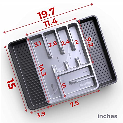 Mueller Large Flatware Kitchen Drawer Organizer, Expandable 19.7\" x 15\" Silverware Organizer, 6 Compartments, Heavy-Duty, Cutlery Tray for Utensils or Stuff, Dining Room, Living Room, Grey