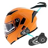 1Storm Motorcycle Modular Full Face Flip up Dual Visor Helmet + Spoiler Bundle with Freedconn Motorcycle Orangetooth Headset: HB89 Glossy Orange