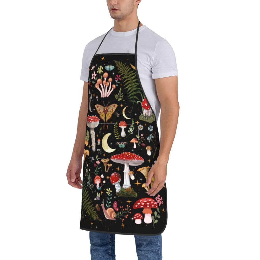 LANAIQO Mushroom Apron for Cooking, Black Chef Apron With Pockets Women Men For Grilling Bbq Gardening Painting, Moth Witchy Kitchen Decor Aesthetic, Witchy Kitchen Gifts for Women