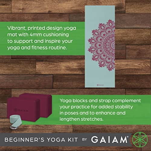 Gaiam Beginner's Yoga Starter Kit Set (Yoga Mat, Yoga Blocks, Yoga Strap) - Light 4Mm Thick Printed Non-Slip Exercise Mat For Everyday Yoga - Includes 6Ft Yoga Strap & 2 Yoga Bricks - Lagoon Mandala #TOP2