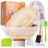 HIRALIY 9 Inch Round & 10 Inch Oval Bread Proofing Basket Set Of 2, Natural Rattan bread banneton proofing with Bread Lame + Dough Scraper + Linen Liner +Basting Brush Bread Making Tools
