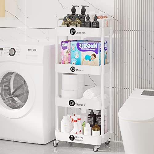 Laiensia 4-Tier Storage Cart,Multifunction Utility Rolling Cart Kitchen Storage Organizer,Mobile Shelving Unit Cart With Lockable Wheels For Bathroom,Laundry,Living Room,With Classified Stickers,White #TOP4