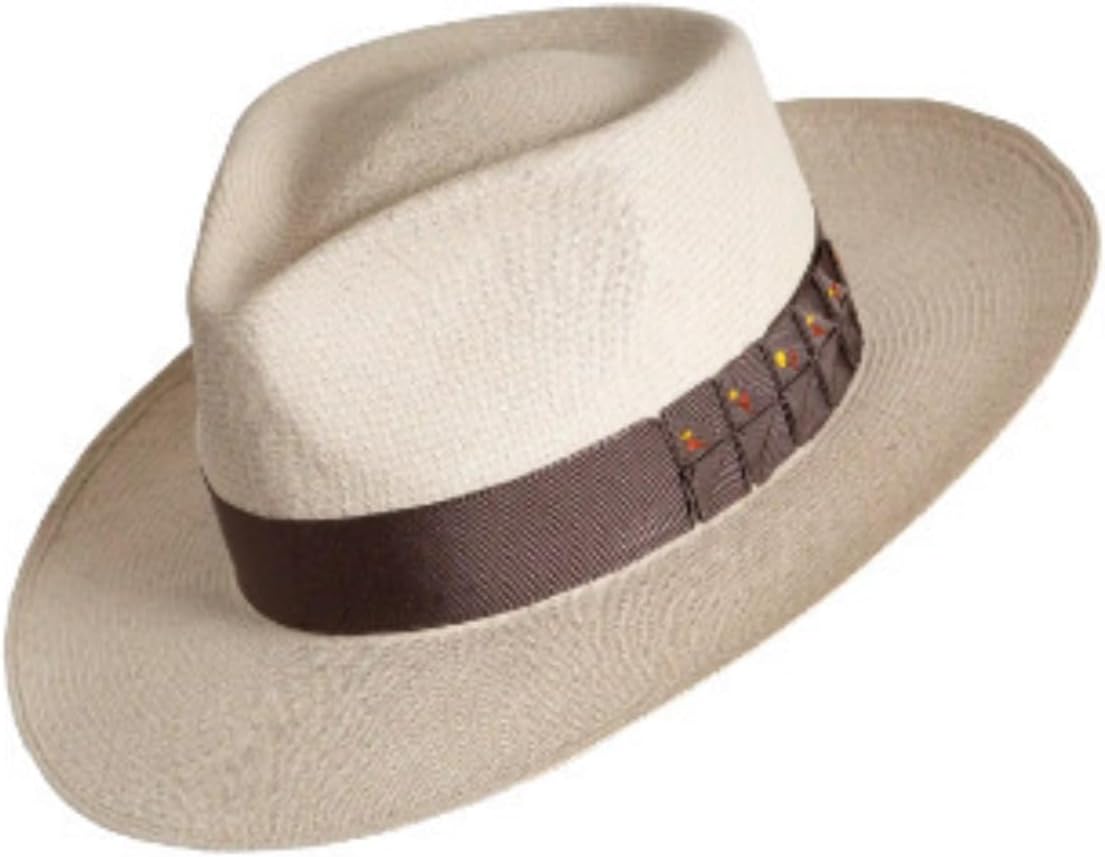 Classic Panama Style Sun Hat, Cream White with Striped Band, Wide Brim