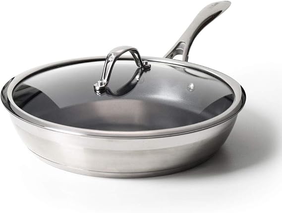 ProCook Professional Stainless Steel Frying Pan with Lid Uncoated Induction Safe Pans Heavy Duty Dishwasher Safe Cookware - 28cm