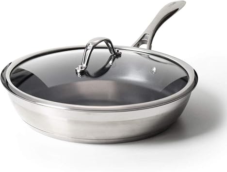 ProCook Professional Stainless Steel Frying Pan with Lid Uncoated Induction Safe Pans Heavy Duty Dishwasher Safe Cookware - 28cm