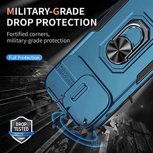 Image of Polycarbonate Back Cover Case Compatible for Apple iPhone 14 Pro Max with Slide Camera Cover & Rotated Ring Stand | Military Grade Mobile Phone Cover Case for Apple iPhone 14 Pro Max (Blue)