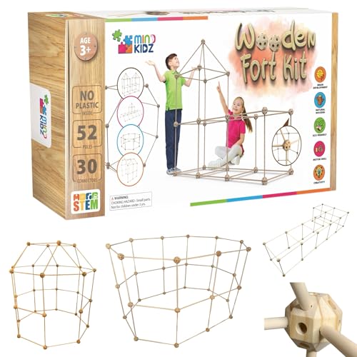 MIND KIDZ Kit de construcción de fuertes ecosostenible en madera con 82 piezas, tienda de campaña infantil montessori para niños de 3 a 9 años, STEM. Desarrollo de pensamiento creativo