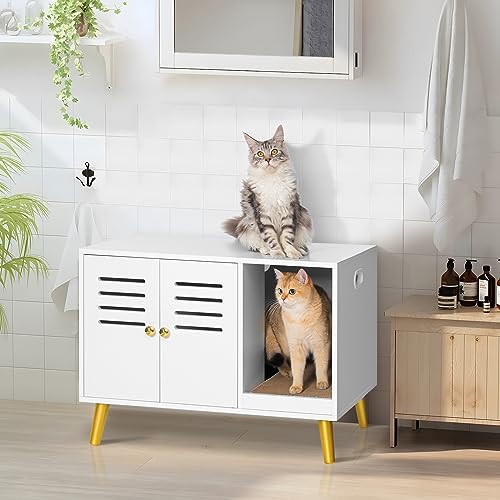 Weenfon Cat Litter Box Furniture Hidden, Litter Box Enclosure With 2 Mats, Litter Mat & Scratching Mat, Pet Crate, Cat Washroom Cabinet, Fits Most Litter Box, Louvered Doors, White #TOP1