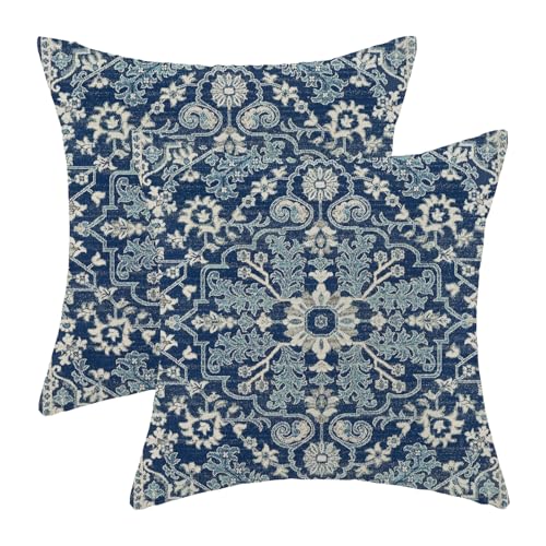 Gohdiwh Blue White Boho Pillow Covers 22x22 Set of 2, Carpet Design Decorative Boho Throw Pillows Linen Farmhouse Bohemian Cushion Pillow Covers for Sofa Couch Outdoor Decor
